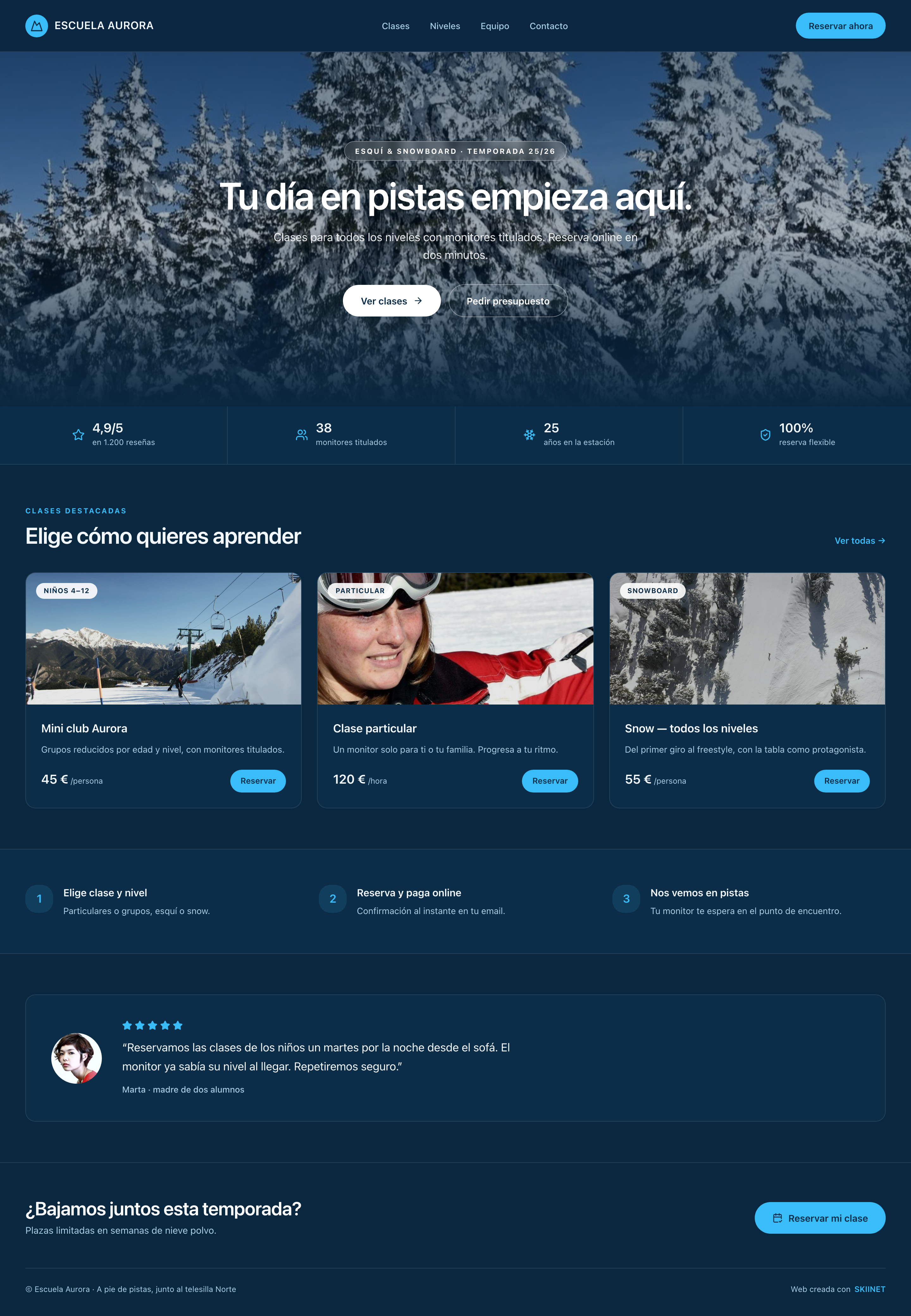 Plantilla Cumbre — web de escuela creada con SKIINET, página completa