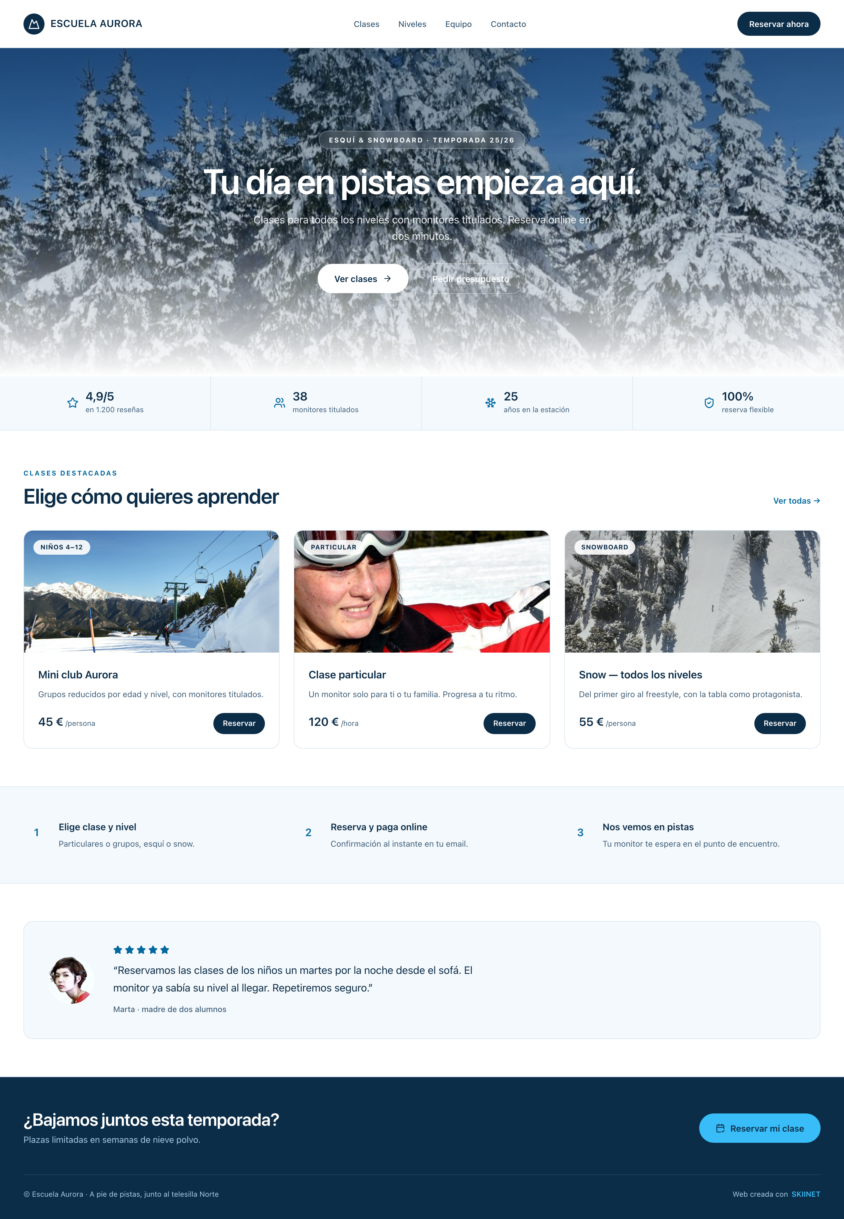 Plantilla Glaciar — web de escuela creada con SKIINET, página completa